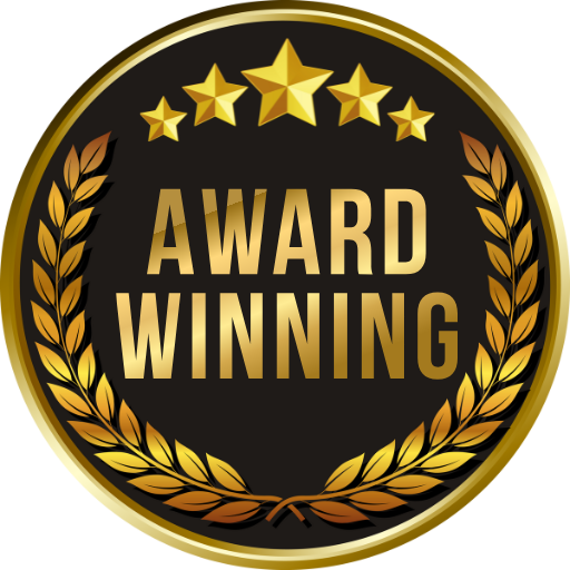 Gold-bordered emblem with "Award Winning" text.