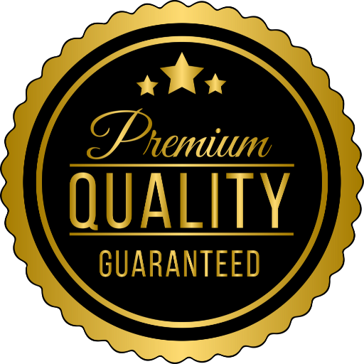Golden badge with a scalloped edge on a black background states "Premium Quality Guaranteed" with two stars above. Emphasizes trust and excellence.