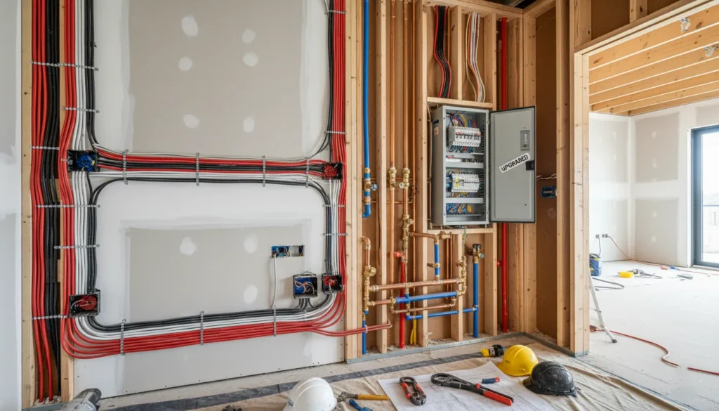 Apartment renovation in Dubai showing exposed wiring plumbing and tools during construction