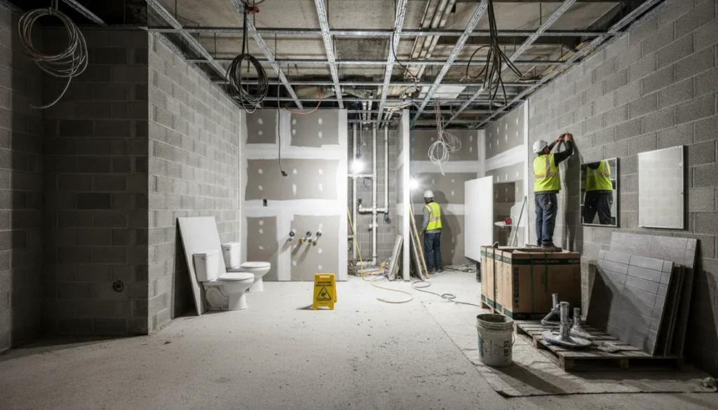 Bathroom renovation in progress with workers installing fixtures and unfinished walls. geotagged