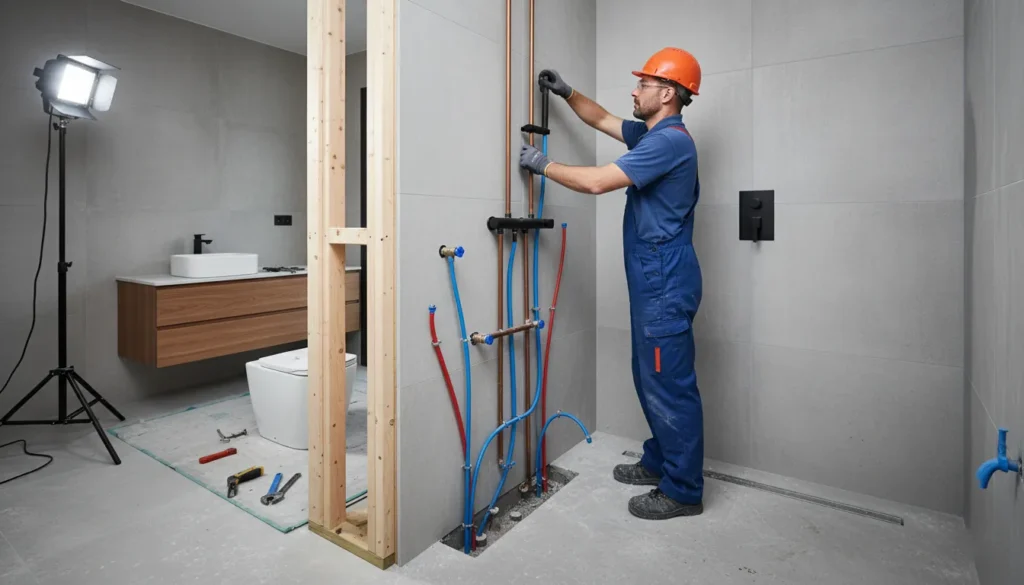 Bathroom under renovation in Dubai with plumber working on exposed pipes and tools nearby