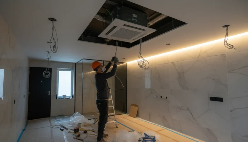 Construction worker on ladder adjusting ceiling fixtures in bathroom