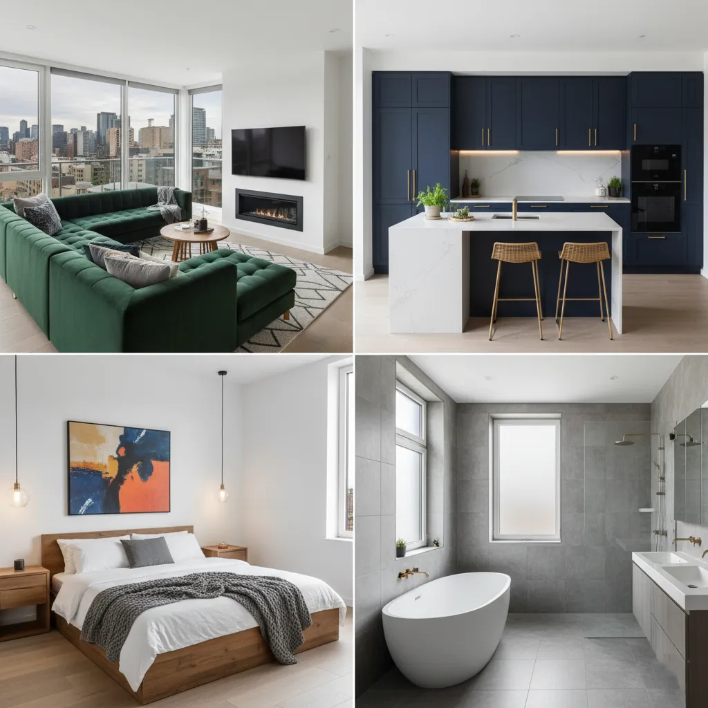 Modern apartment interior with cozy living room sleek kitchen serene bedroom and bathroom