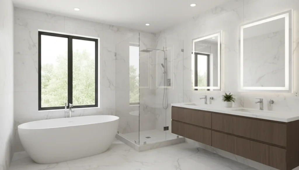 Modern bathroom with freestanding tub glass shower double vanity backlit mirrors and windows