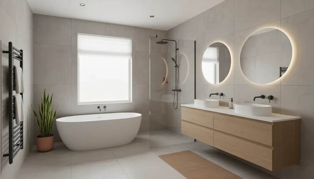 Modern bathroom with freestanding tub glass shower wooden vanity and circular mirrors