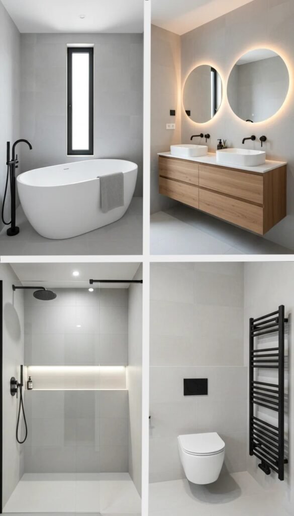 Modern bathroom with white bathtub dual sinks round mirrors shower wall toilet