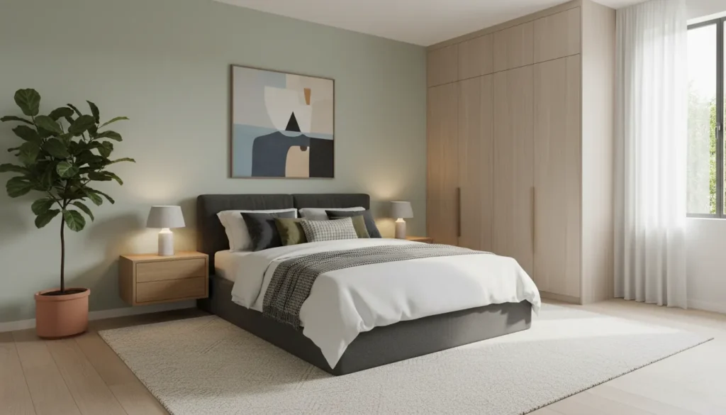 Modern bedroom with dark bed neutral bedding abstract art plants and light wood furniture