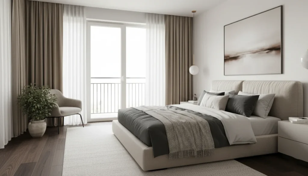Modern bedroom with white and gray bed minimalist chair plant and sheer curtained windows