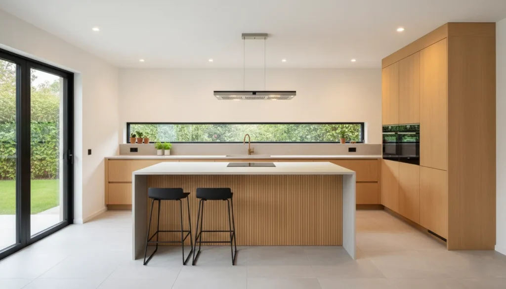Modern kitchen with light wood cabinets island with stools large window and sleek appliances