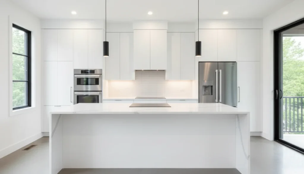 Modern kitchen with white island pendant lights stainless appliances and large windows