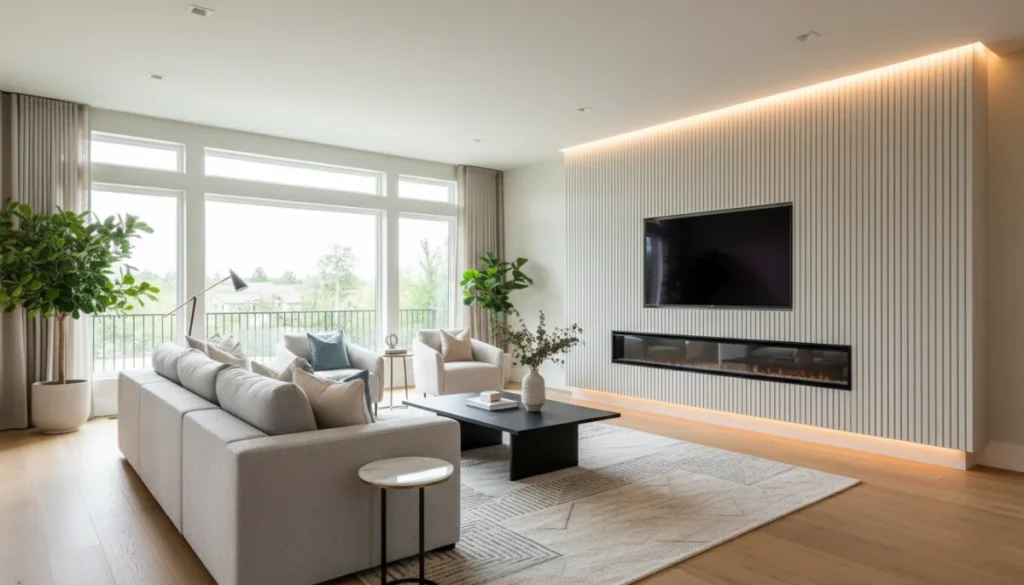 Modern living room with beige sectional black coffee table TV plants and tall windows