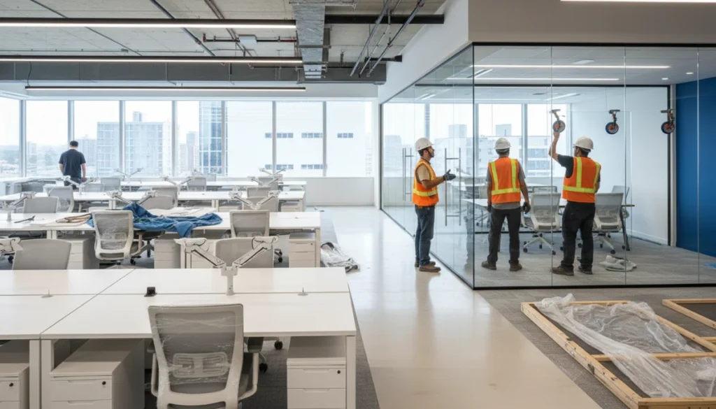 Modern office fit out in DIFC Dubai as workers install glass walls in a bright open space geotagged