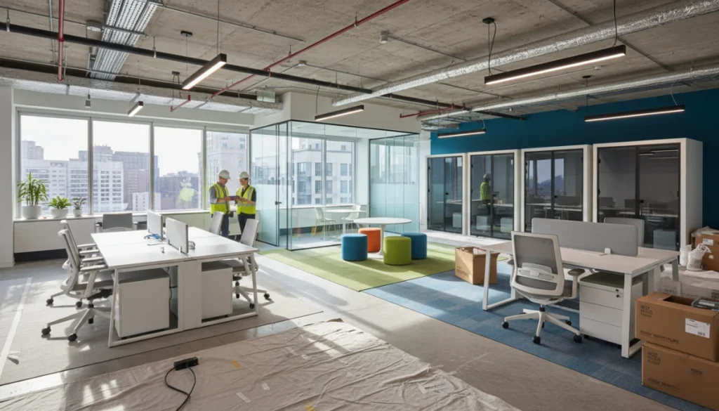 Office renovation in DIFC Dubai with glass meeting room and inspectors reviewing progress geotagged