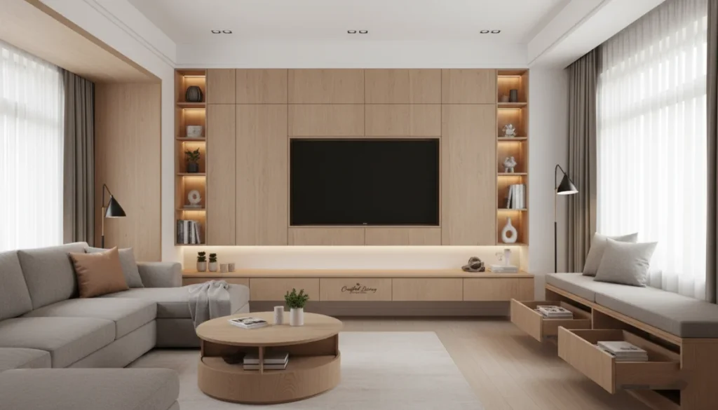Renovated living room with neutral tones TV on wood panel sectional sofa and ambient lighting
