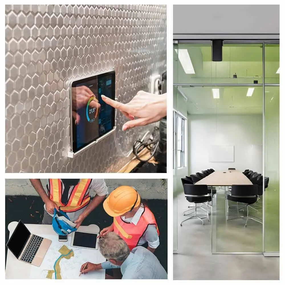 Top left: Hand touching a digital thermostat on a hexagonal patterned wall. Bottom left: Three people in safety gear examine maps and devices on a table. Right: Modern empty conference room with a long table and black chairs.