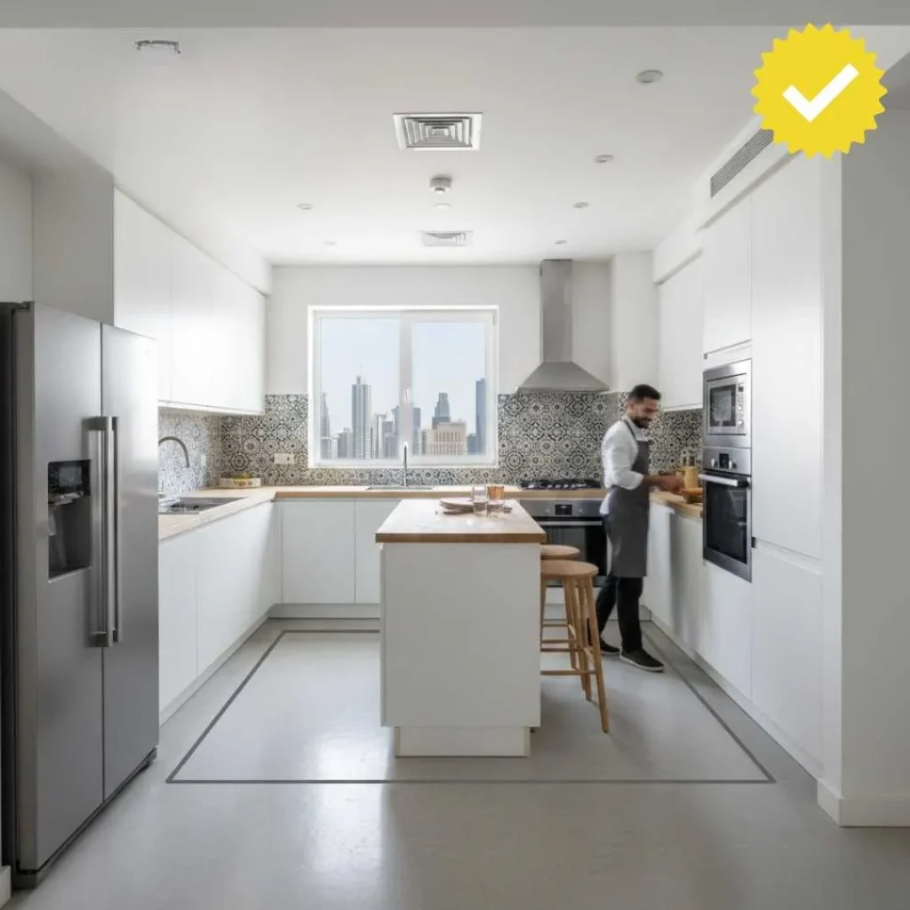 Modern kitchen with sleek white cabinets, geometric backsplash, central island with wooden stools.