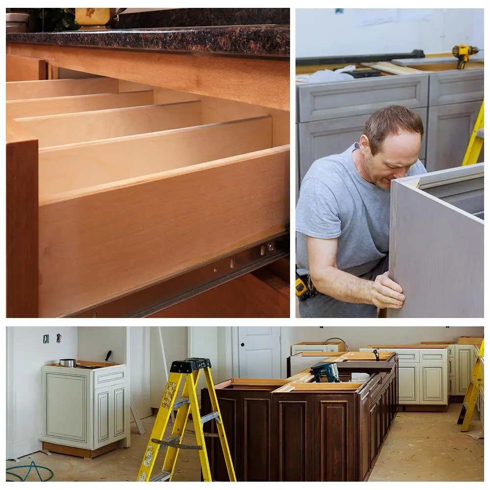 Collage of kitchen renovation: a close-up of new wooden drawers, a person installing a cabinet door, and a partially completed kitchen with ladders.