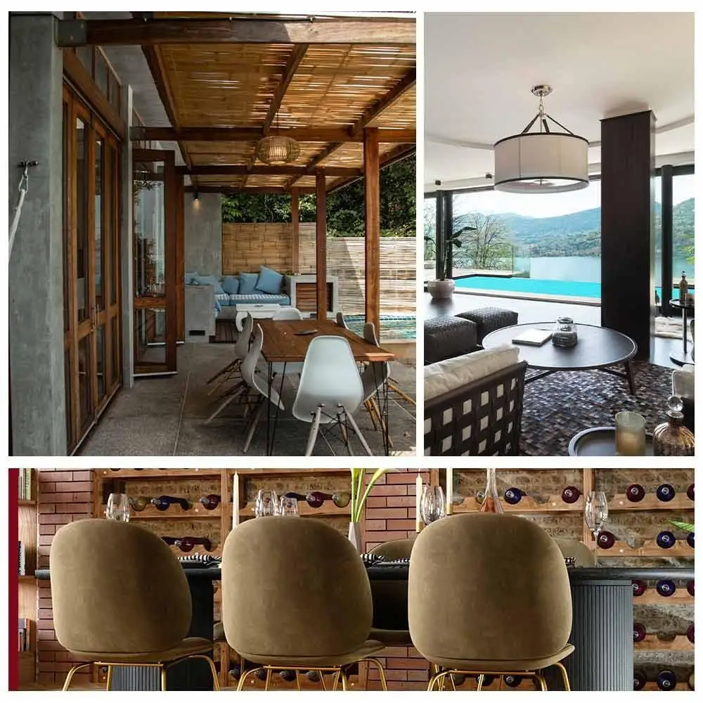 Modern home interiors featuring a patio with wooden dining set, a living room with a panoramic view of a pool and mountains, and a sleek bar area.