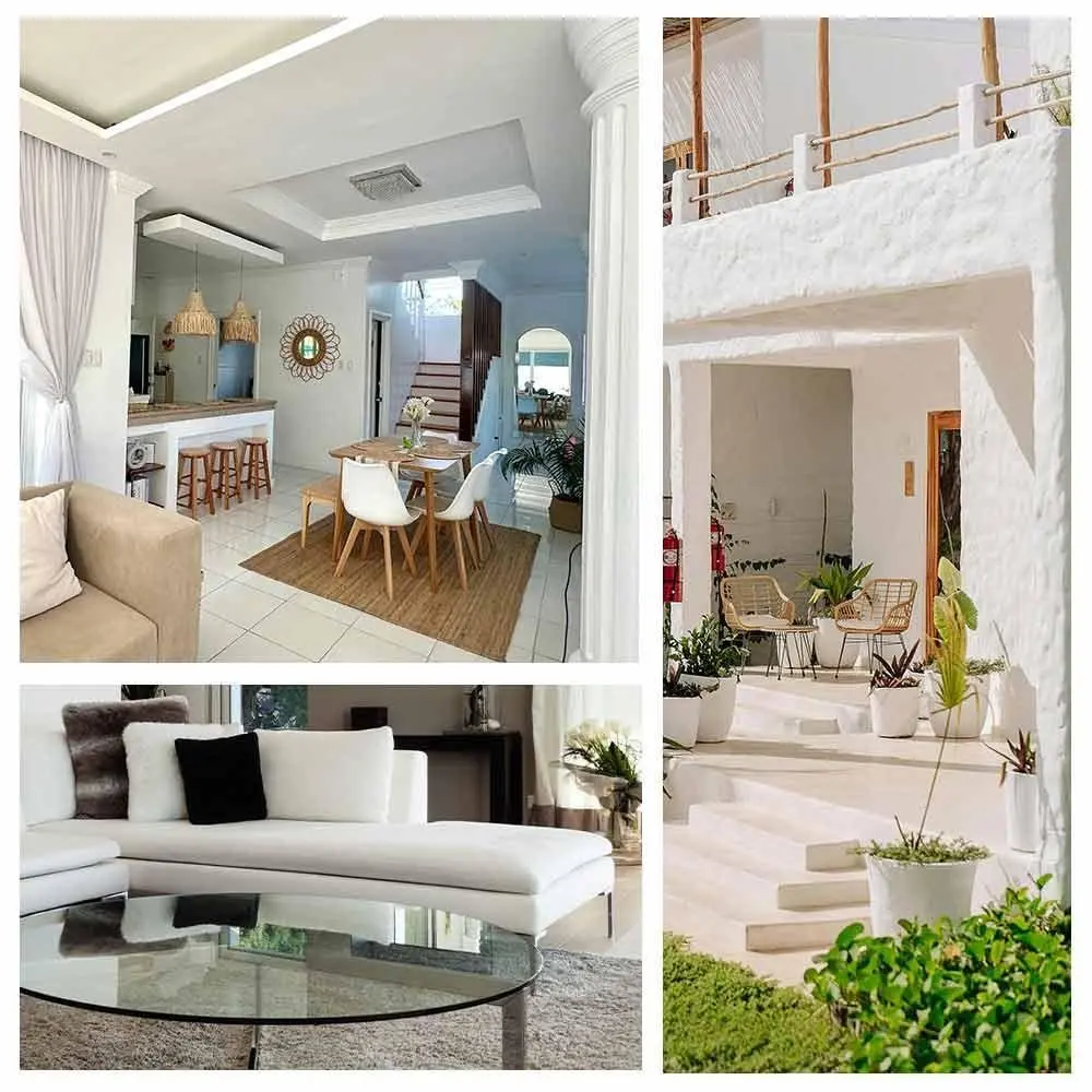 Collage of a modern home featuring a bright open-plan dining area with wicker lights