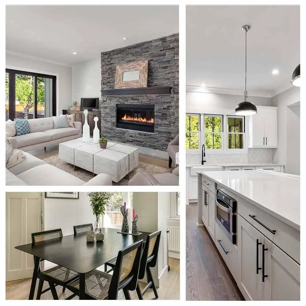 A modern home interior collage: cozy living room with gray stone fireplace and beige couches, sleek white kitchen with large island, and elegant dining area with dark table.