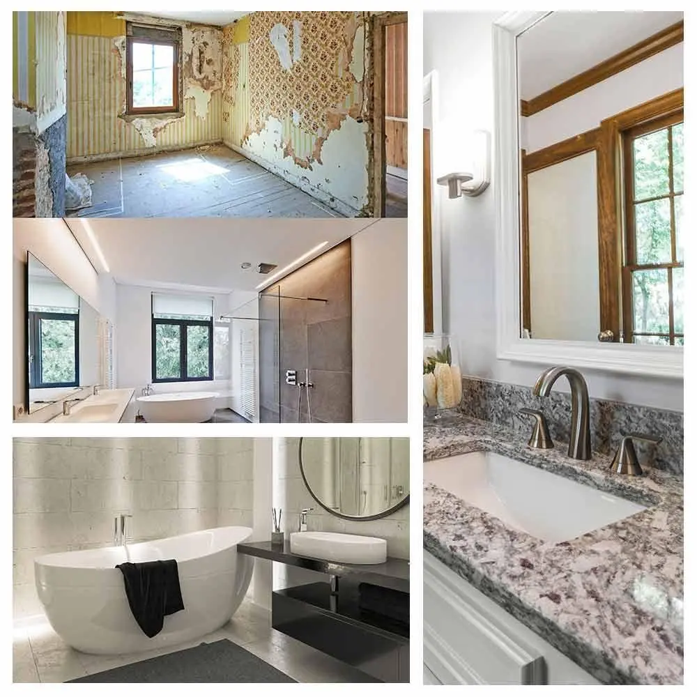Split image showing a room with peeling wallpaper, a modern bathroom with a glass shower, a sleek white bathtub, and a sink with a granite countertop.